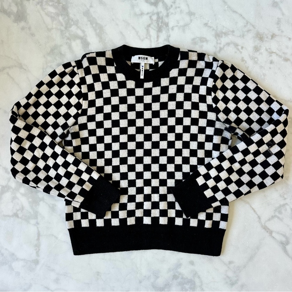 MSGM Black & White Checkered Knit Crewneck Sweater